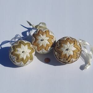 Handcrafted Quilted Fabric Christmas Ornaments Balls Set of 3